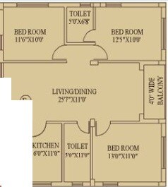 Floor plan of 3 BHK 1187 Sq. Ft. Apartment in Daffodil Duke Residency, Kolkata