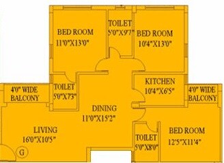Floor plan of 3 BHK 1557 Sq. Ft. Apartment in Daffodil Duke Residency, Kolkata