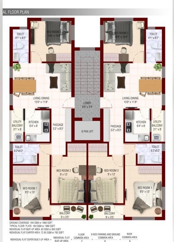 Floor plan of 3 BHK 1225 Sq. Ft. Apartment in Danish Dera CHS, Kolkata
