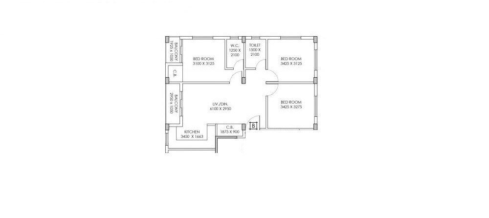 Floor plan of 3 BHK 888 Sq. Ft. Apartment in Danish Govind CGHSL, Kolkata
