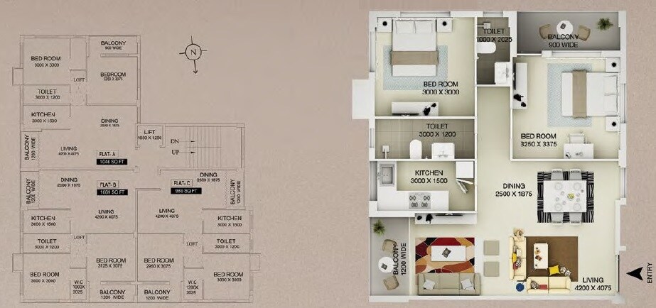 Floor plan of 2 BHK 989 Sq. Ft. Apartment in Deeprekha Urban Heights, Kolkata