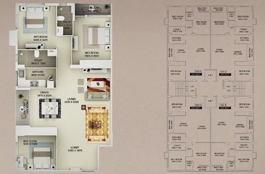 Floor plan of 3 BHK 1551 Sq. Ft. Apartment in Deeprekha Urban Heights, Kolkata