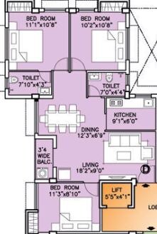 Floor plan of 3 BHK 1151 Sq. Ft. Apartment in Deeshari Meadows, Kolkata