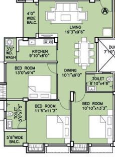 Floor plan of 3 BHK 1375 Sq. Ft. Apartment in Deeshari Meadows, Kolkata