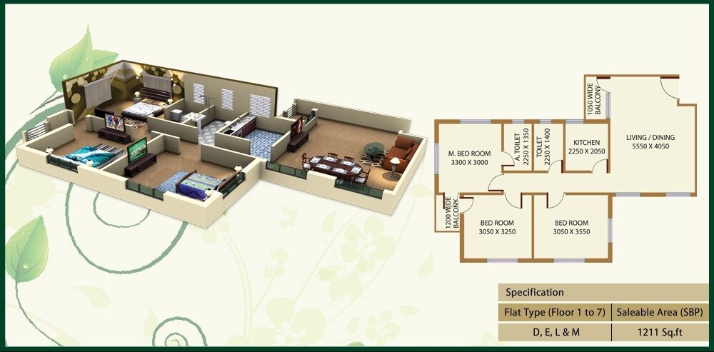 Floor plan of 3 BHK 1211 Sq. Ft. Apartment in Deeshari Megacity, Kolkata