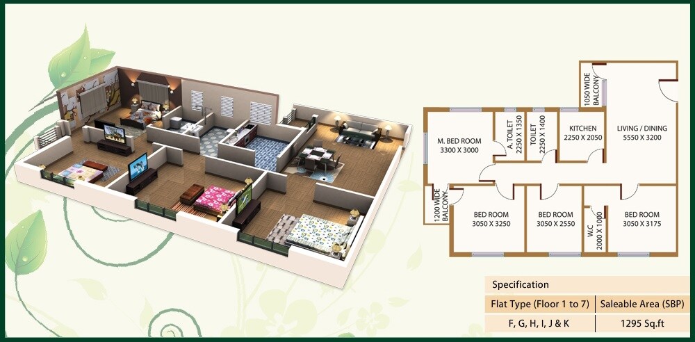Floor plan of 4 BHK 1295 Sq. Ft. Apartment in Deeshari Megacity, Kolkata