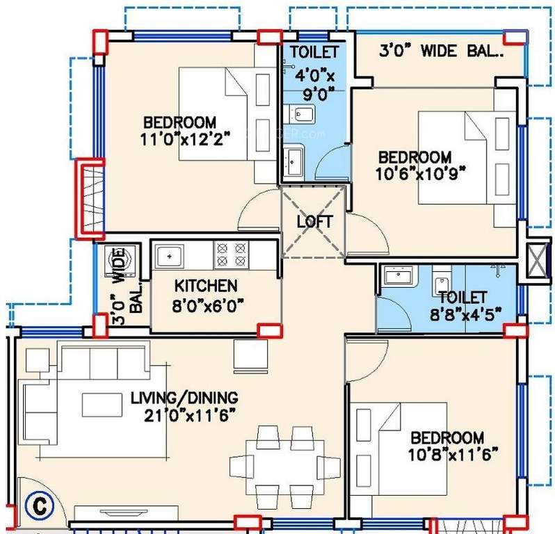 Floor plan of 3 BHK 1283 Sq. Ft. Apartment in Deeshari Orchid, Kolkata