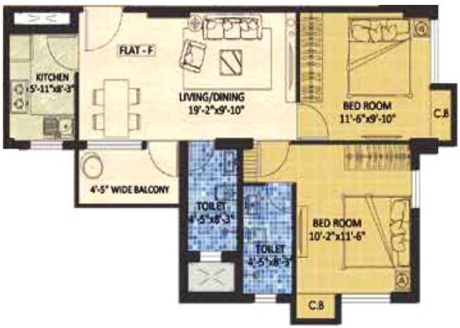 Floor plan of 2 BHK 838 Sq. Ft. Apartment in Devaloke Sonar City, Kolkata