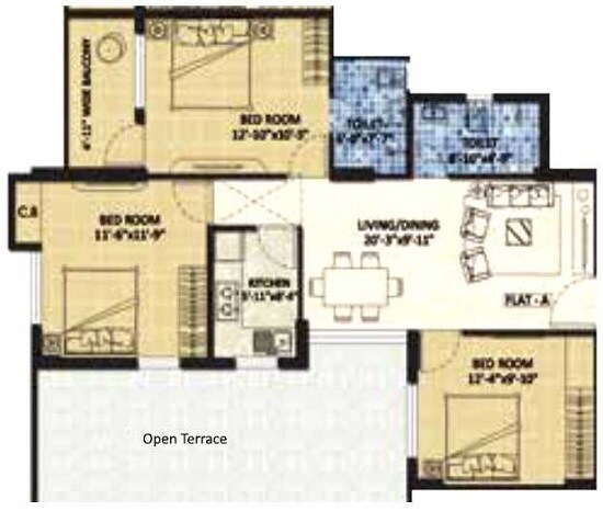 Floor plan of 3 BHK 1075 Sq. Ft. Apartment in Devaloke Sonar City, Kolkata