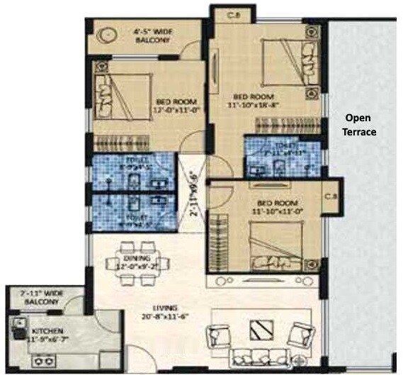 Floor plan of 3 BHK 1463 Sq. Ft. Apartment in Devaloke Sonar City, Kolkata