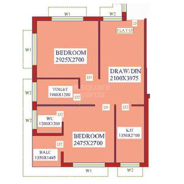 Floor plan of 2 BHK 600 Sq. Ft. Apartment in Dharitri Royal Enclave Apartment, Kolkata