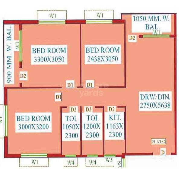 Floor plan of 3 BHK 1019 Sq. Ft. Apartment in Dharitri Royal Enclave Apartment, Kolkata