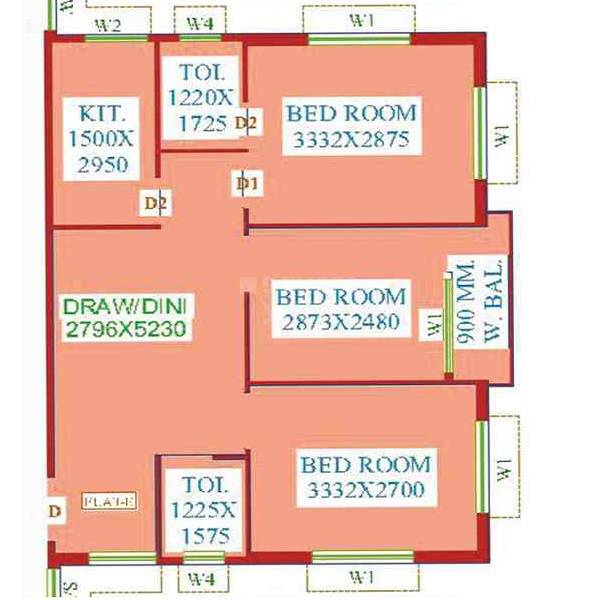 Floor plan of 3 BHK 900 Sq. Ft. Apartment in Dharitri Royal Enclave Apartment, Kolkata