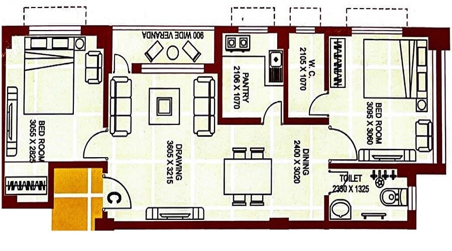 Floor plan of 2 BHK 838 Sq. Ft. Apartment in Dik Diganta Eco Nest, Kolkata