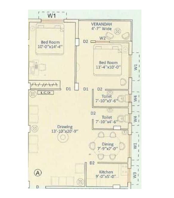 Floor plan of 2 BHK Apartment - 1079 sq. ft. in Dikdiganta Residency, Kolkata