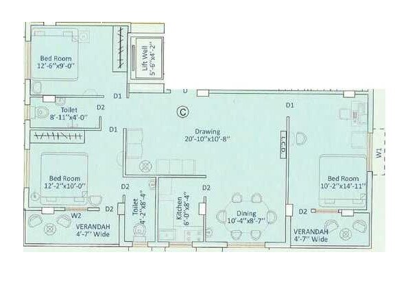 Floor plan of 3 BHK Apartment - 1298 sq. ft. in Dikdiganta Residency, Kolkata