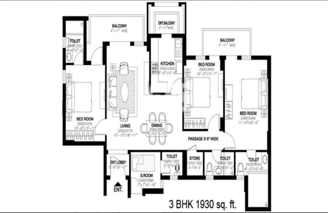 Floor plan of 3 BHK 1930 Sq. Ft. Apartment in DLF New Town Heights, Kolkata