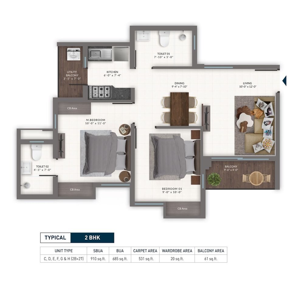 2 BHK 910 Sq. Ft. Apartment