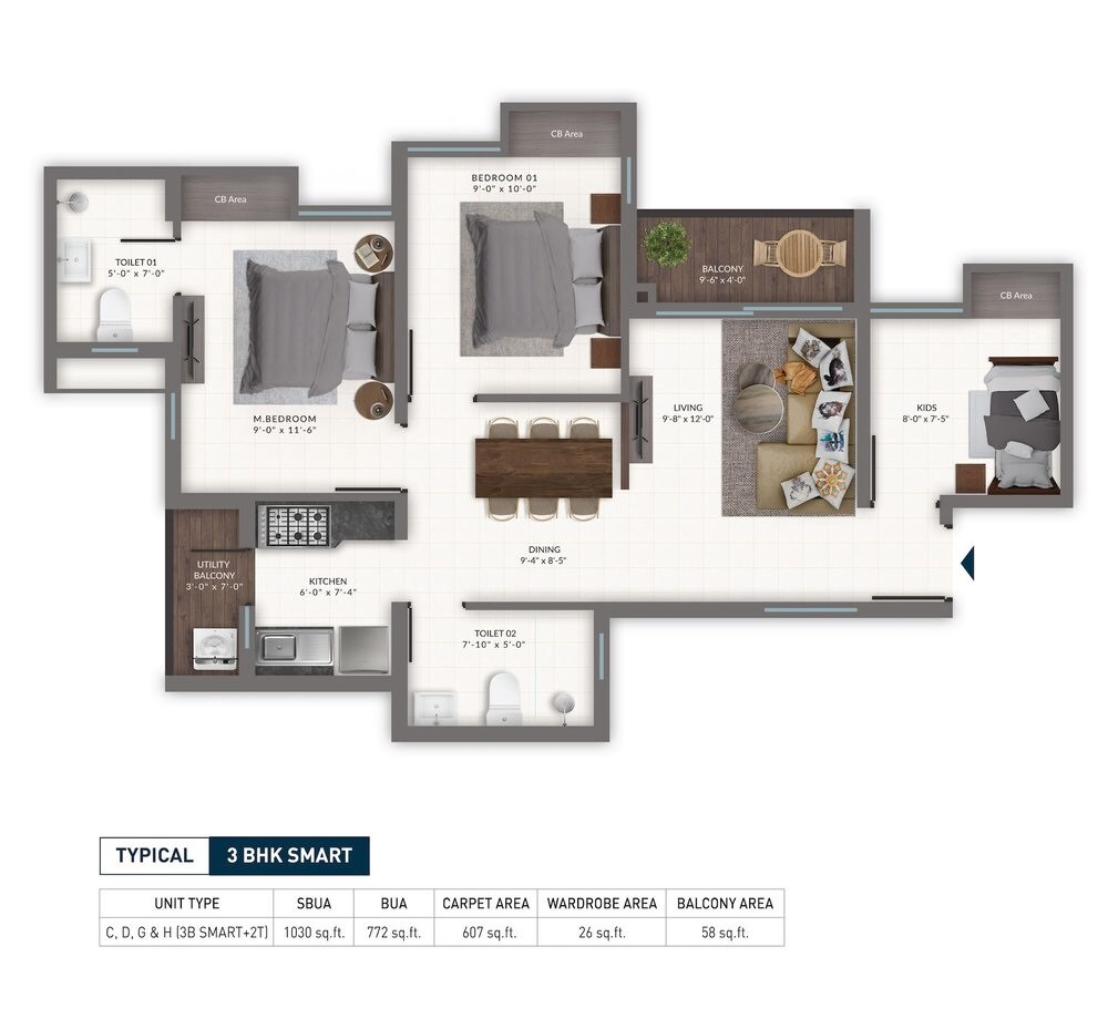 3 BHK 1030 Sq. Ft. Apartment