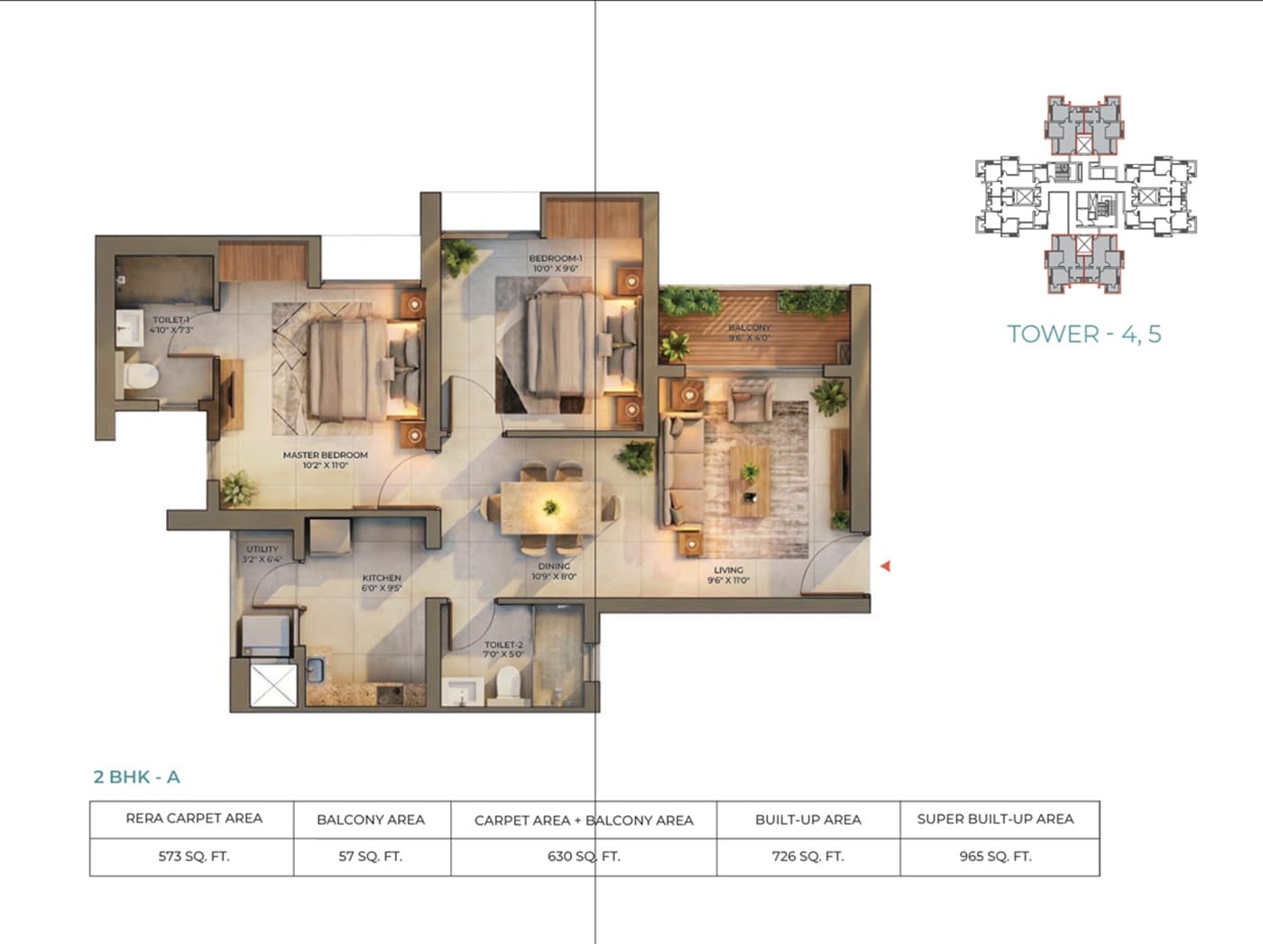 Floor plan of 2 BHK 965 Sq. Ft. Apartment in DTC Downtown, Kolkata