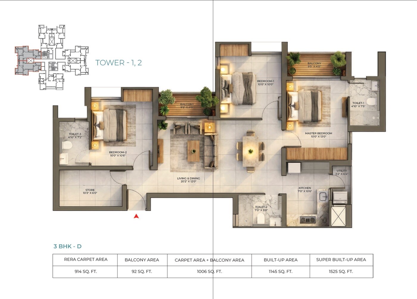 3 BHK 1525 Sq. Ft. Apartment