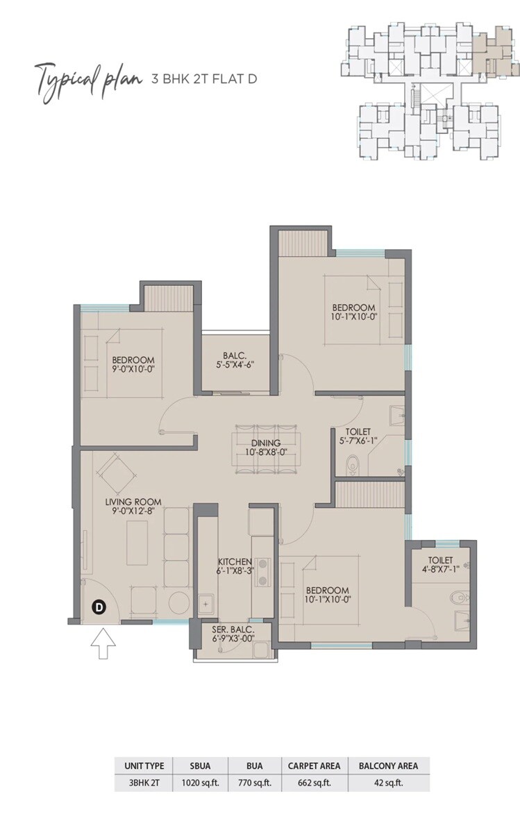 Floor plan of 3 BHK 1020 Sq. Ft. Apartment in DTC Good Earth, Kolkata