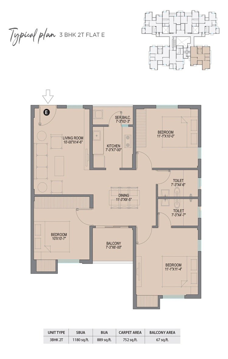 Floor plan of 3 BHK 1180 Sq. Ft. Apartment in DTC Good Earth, Kolkata