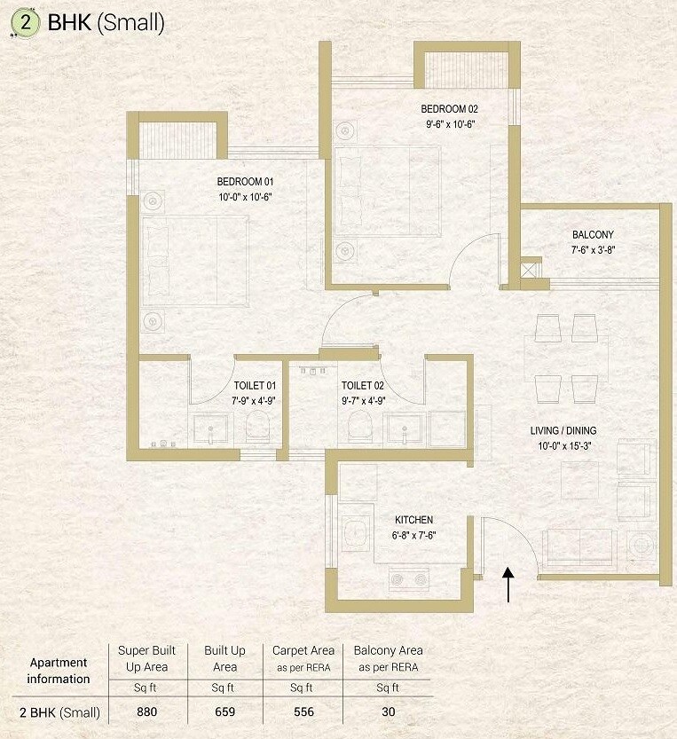 Floor plan of 2 BHK 880 Sq. Ft. Apartment in DTC Sojon, Kolkata