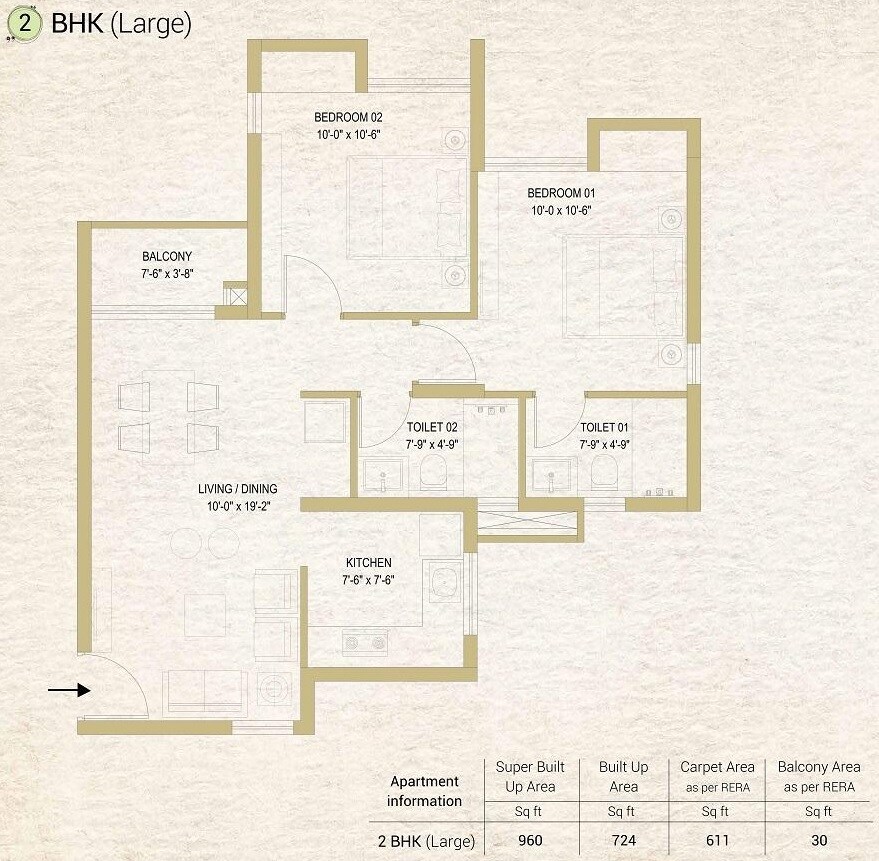 Floor plan of 2 BHK 960 Sq. Ft. Apartment in DTC Sojon, Kolkata