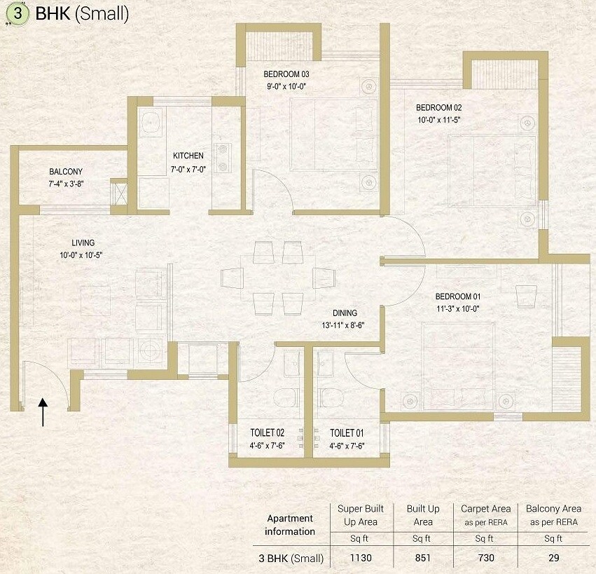 Floor plan of 3 BHK 1130 Sq. Ft. Apartment in DTC Sojon, Kolkata