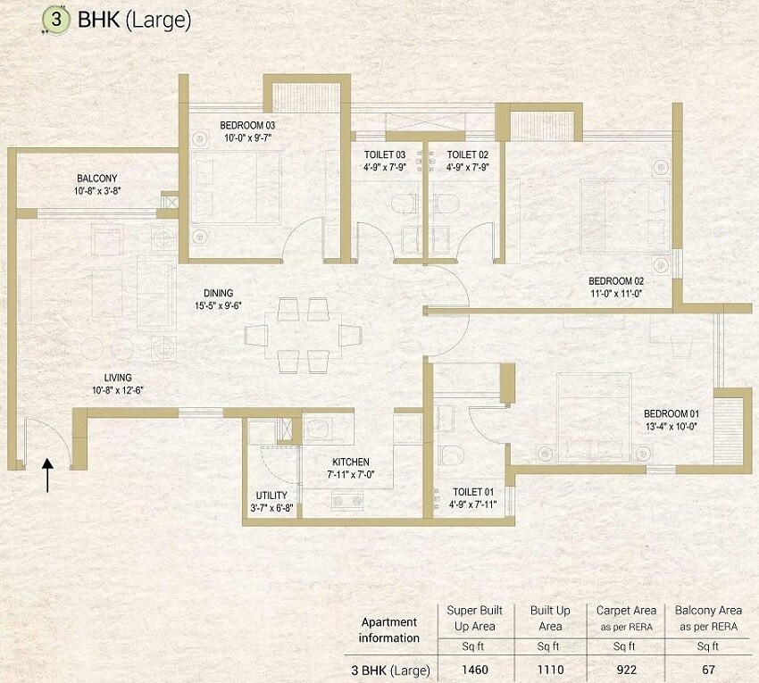 Floor plan of 3 BHK 1460 Sq. Ft. Apartment in DTC Sojon, Kolkata