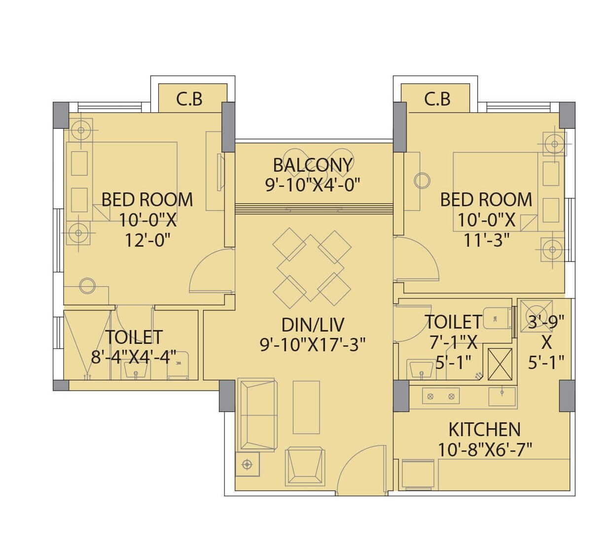 Floor plan of 2 BHK 831 Sq. Ft. Apartment in DTC Southern Heights, Kolkata