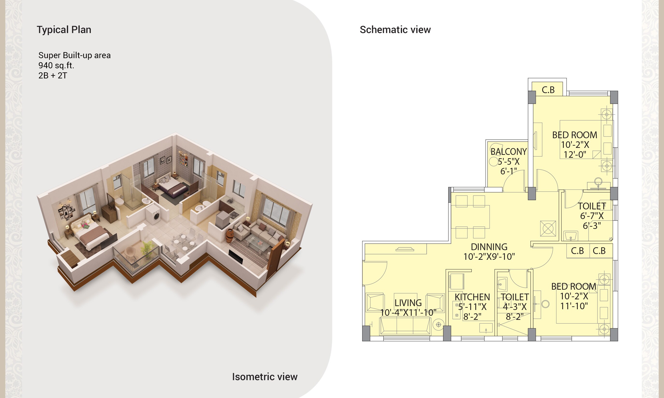 Floor plan of 2 BHK 940 Sq. Ft. Apartment in DTC Southern Heights, Kolkata