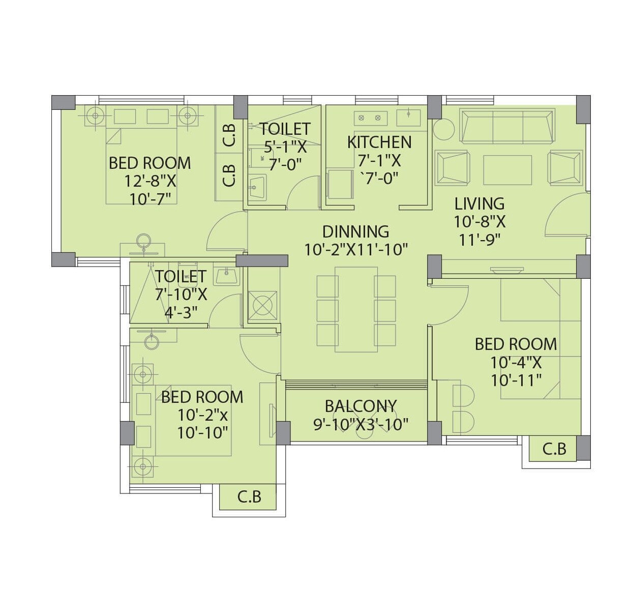 Floor plan of 3 BHK 1029 Sq. Ft. Apartment in DTC Southern Heights, Kolkata