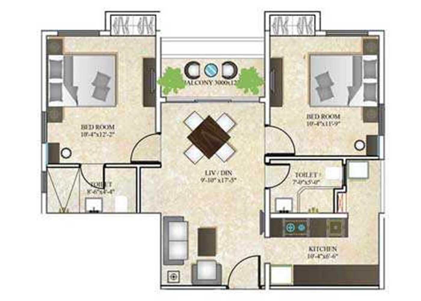 Floor plan of 2 BHK 831 Sq. Ft. Apartment in DTC Southern Heights Phase 2, Kolkata