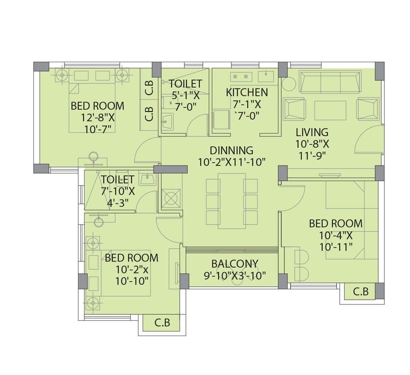 Floor plan of 3 BHK 1029 Sq. Ft. Apartment in DTC Southern Heights Phase 5, Kolkata
