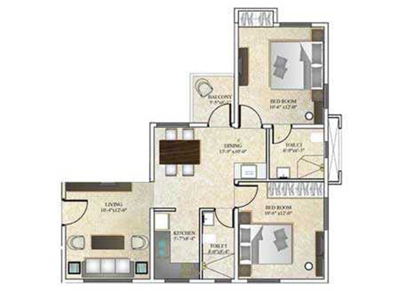 Floor plan of 2 BHK 940 Sq. Ft. Apartment in DTC Southern Heights Phase 6, Kolkata