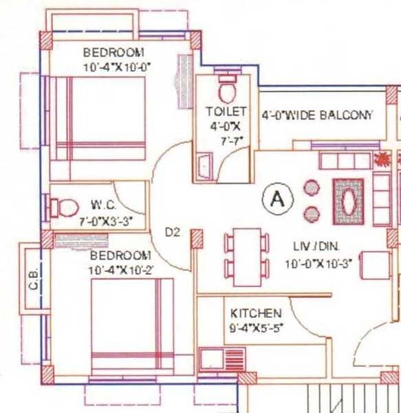 Floor plan of 2 BHK 769 Sq. Ft. Apartment in Eastern Tower, Kolkata