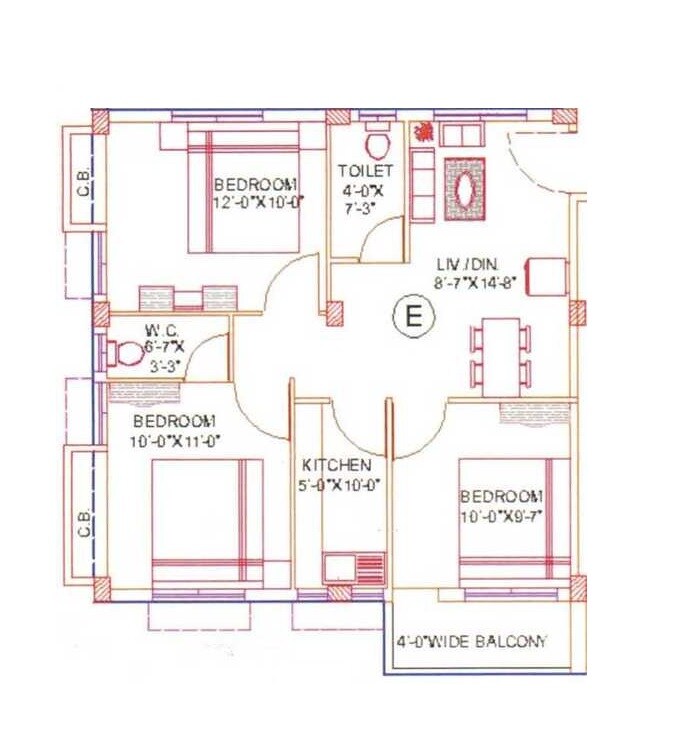 Floor plan of 3 BHK 1026 Sq. Ft. Apartment in Eastern Tower, Kolkata