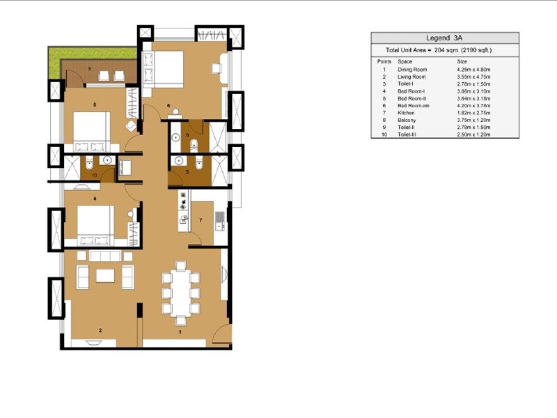 Floor plan of 3 BHK 2190 Sq. Ft. Apartment in Eco Edifice, Kolkata