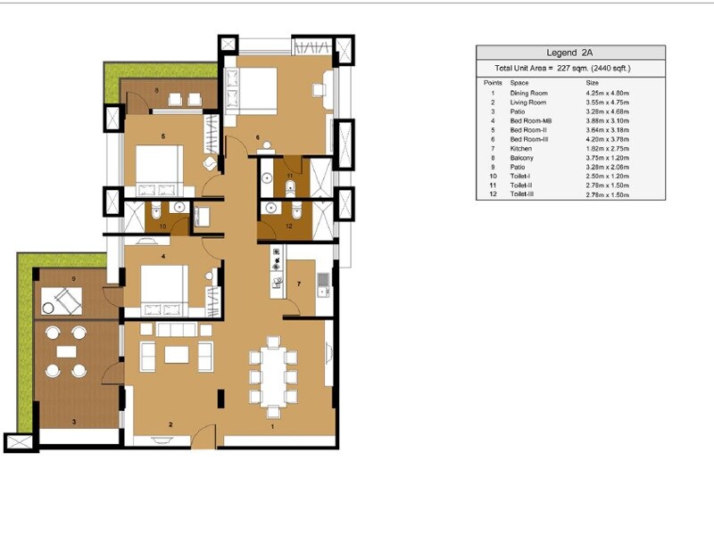 Floor plan of 3 BHK 2440 Sq. Ft. Apartment in Eco Edifice, Kolkata