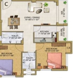Floor plan of 2 BHK 960 Sq. Ft. Apartment in Eden Astor Park, Kolkata