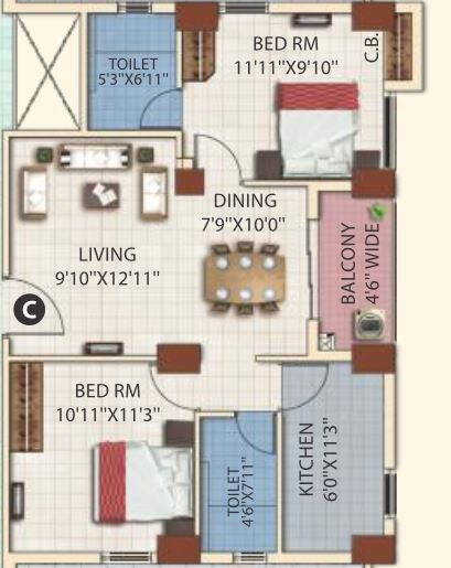 Floor plan of 2 BHK 982 Sq. Ft. Apartment in Eden Bella Vista, Kolkata