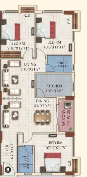 Floor plan of 3 BHK 1396 Sq. Ft. Apartment in Eden Bella Vista, Kolkata