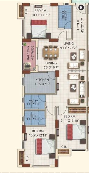 Floor plan of 3 BHK 1527 Sq. Ft. Apartment in Eden Bella Vista, Kolkata