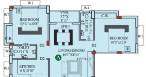 Floor plan of 1 BHK 596 Sq. Ft. Apartment in Eden Belvedere, Kolkata