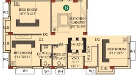 Floor plan of 2 BHK 912 Sq. Ft. Apartment in Eden Belvedere, Kolkata