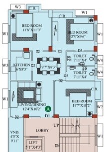 Floor plan of 3 BHK 1133 Sq. Ft. Apartment in Eden Belvedere, Kolkata