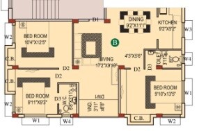 Floor plan of 3 BHK 1185 Sq. Ft. Apartment in Eden Belvedere, Kolkata