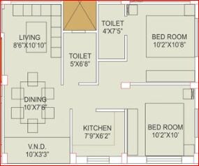Floor plan of 2 BHK 844 Sq. Ft. Apartment in Eden Brookside, Kolkata
